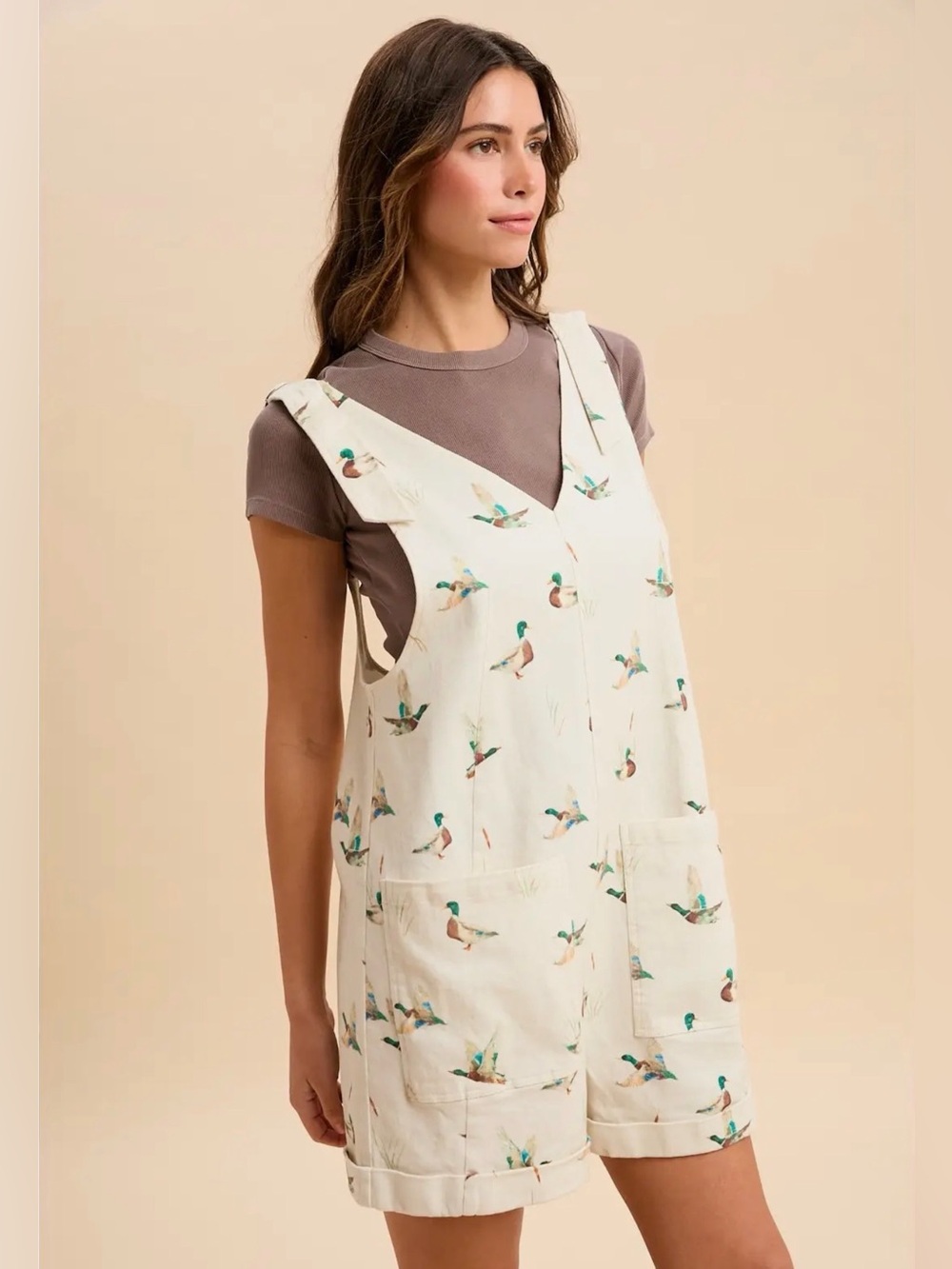 Vanilla Monkey Ivory Mallard Duck Print Cotton Twill Loose Fit Romper